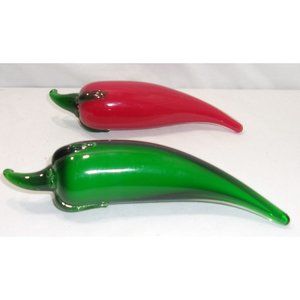 Lot of 2 Murano Style Encased Art Glass Chili Peppers Red/Green 7 1/4" & 7 3/4"